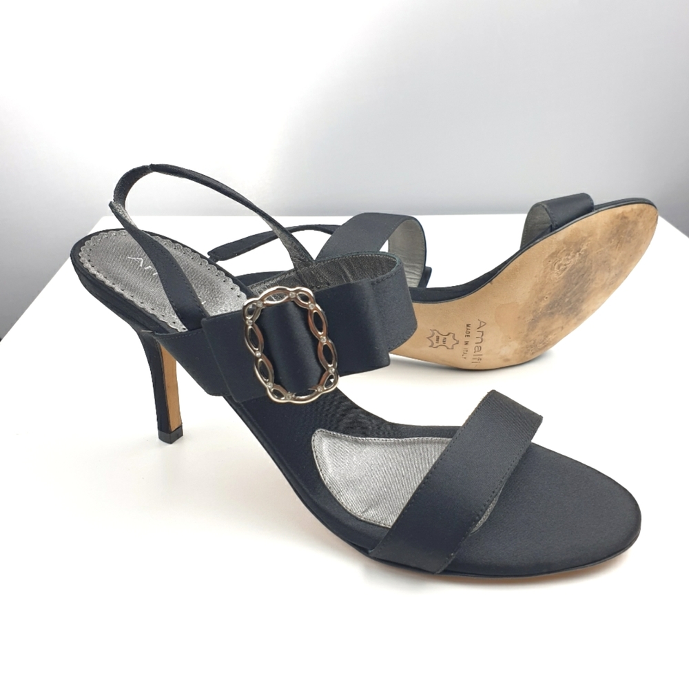 Amalfi black satin sandals buckle detail formal elastic slingback size 8.5